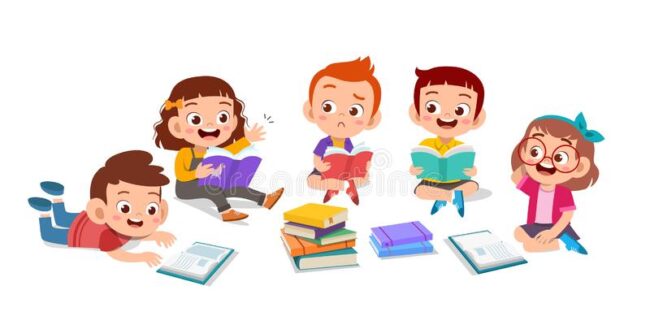 kids-discuss-homework-study-together-boys-primary-girls-preschool-kindergarten-pupil-read-back-lesson-learn-library-comic-textbook-157874004