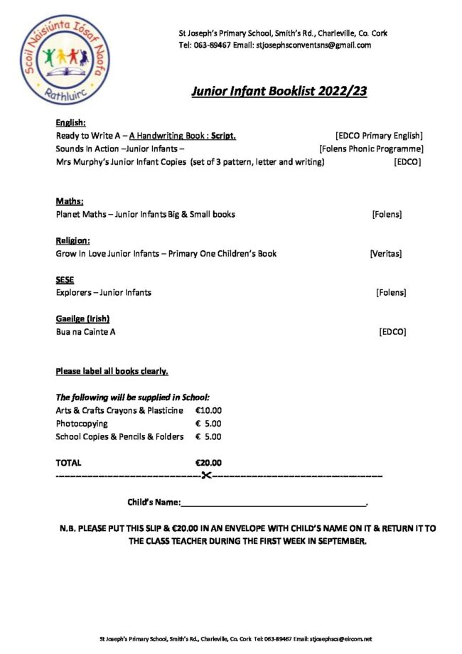 Booklist Junior Infants 2022-23