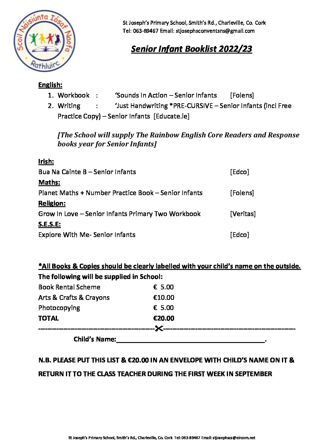 senior infants booklist